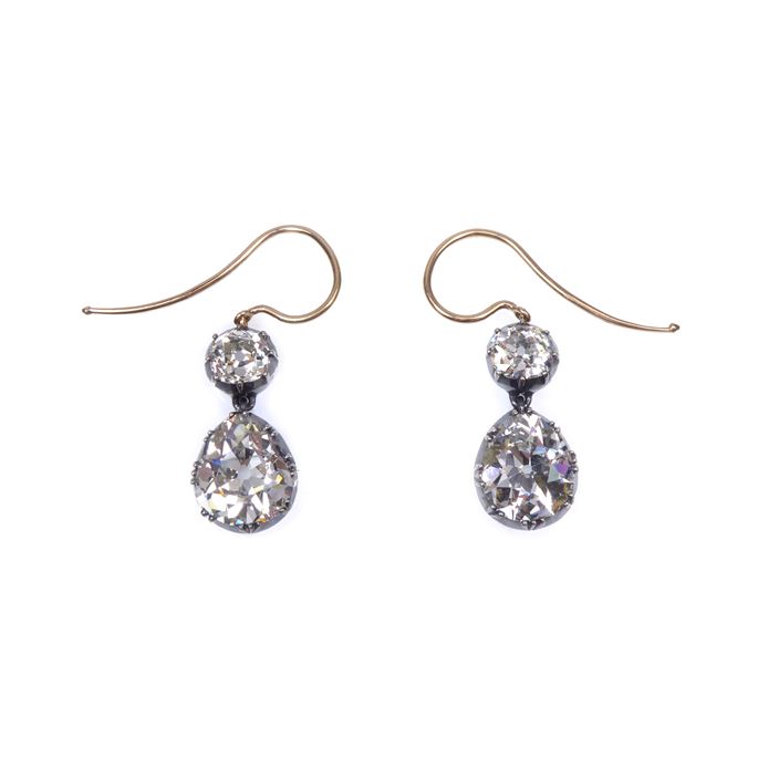 Pair of antique old pear and cushion cut diamond pendant earrings | MasterArt